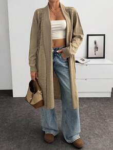 EURMUSE 女士纯色落肩长袖口袋休闲长款开衫 - 米色 - 查看 2