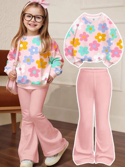 SHEIN Soft Powder Pink, Cute Dopamine Flower Pattern, Young Girl Casual Minimalist Crew Neck Long Sleeve Sweatshirt And Flare Pants Set, Suitable For Autumn/Winter, Autumn Outfits For , Easy Comfort, Autumn Layers For Kids, Stylish Kids, Casual Wear, Kids Graphic Clothes, Back To School, Fall Clothes