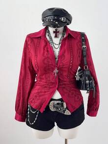 Sweetra 大码女式 V 领刺绣长袖修身纽扣衬衫，优雅通勤、复古、休闲、约会、派对，酒红色 - 酒紅色 - 查看 5