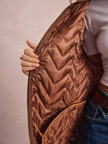 Freevana Plus Size Solid Color Front Zip Sleeveless Pocket Casual Padded Zip Up Coat, Daily Wear Halloween Pumpkin Color Christmas Winter  New Year  Thanksgiving Brown - Brown - View 8