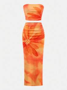 SHEIN Girlism 青少年女孩合身休闲舒适扎染花卉抹胸和紧身迷你裙套装 - 黃色 - 查看 8