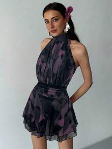 Aloruh Váy ngắn hở lưng không tay họa tiết cọ vẽ cổ tròn xuân/hè mới, viền xếp ly nhiều lớp, thích hợp cho ngày lễ, hẹn hò, trà chiều, nghỉ dưỡng, lễ hội âm nhạc, phong cách Boho - màu đen - Xem 4