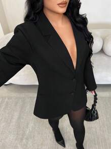 SHEIN SXY Plus Size Women Minimalist Elegant Refined Black Plus Size Blazer Jacket, Suitable For Casual Outings, Commuting, Party, Date, Formal Occasions, Versatile Autumn/Winter Outerwear,Suitable For High Street,Urban,Sexy Office Siren Coquettish,Cruise Attire,Commuting,Business,Retro,Vintage,Party,Resort,Outing,Old Money,Richly Layered,Date Night,Gathering,Minimalism,Birthday,Formal Event,Gyaru,Ibiza,Nashville,Break,Modest,Chic,Casul,Shopping, Streetwear,Going Out,Coquette,Flatter The Figure - Black - View 2