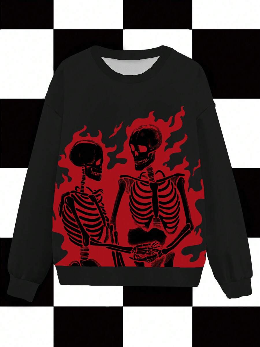 Glamance Bat Sada 万圣节女式宽松套头连帽衫，美国黑暗风格骷髅 Y2K 嘻哈图形印花万圣节运动衫骷髅运动衫图形运动衫火焰骷髅运动衫骷髅运动衫搭配理念冬季 - 黑色 - 查看 1