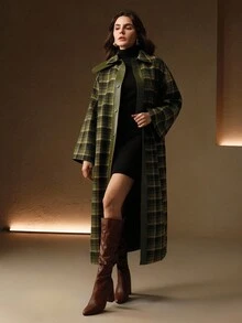 Anewsta Women's Elegant Classic Vintage Plaid Patchwork PU Leather High Collar Long Loose Wool Coat, Suitable For Halloween, Christmas, Fashion - Green - View 9