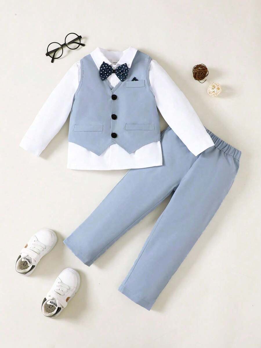 SHEIN 年轻男孩多件套绅士正装套装 - 背心、领结、裤子，非常适合婚礼、婚礼宾客、花童、戒童，秋冬 - 藍色 - 查看 1