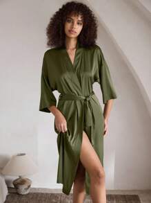 Ocili Leisure Comfortable Silky Waffle Robe With Tie, Soft Mid-Sleeve Ladies Nightgown Babydoll Luxeloungewear