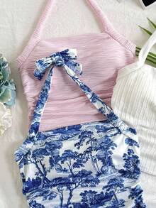 SHEIN 3件套青少年女孩休闲针织无袖挂脖背心 - 淺粉色 - 查看 3