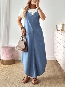 EMERY ROSE Women's Summer Casual Dual Pocket Arc Hem Strap Denim Dresswestern Wear Women/Old Money Style/Bohemian - Blue - View 5