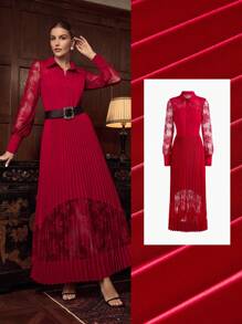ZEYLAH Lace Splice Long Dress Shirt Style, Autumn/Winter - Red - View 7