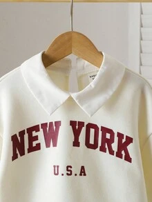 SHEIN Young Girl Letter Print Color Block 2 In 1 Thermal Lined Casual Crew Neck Long Sleeve Sweatshirt, Autumn/Winter Fall - Apricot - View 4