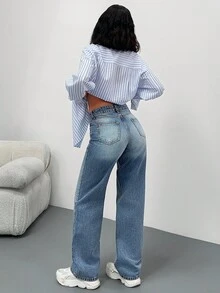 EURMUSE Quần jeans ống đứng cạp thấp giặt thường ngày cho nữ - Rửa trung bình - Xem 2