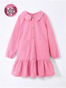 Tween Girl Fuchsia Peter Pan Collar Long Sleeve Ruffle Hem Casual Cute Sweet Pleated Dress - Hot Pink - View 4