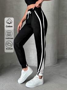EURMUSE 95% Cotton Cottnline Drawstring Pocket Side Stripe Striped Sweatpants - Black - View 1