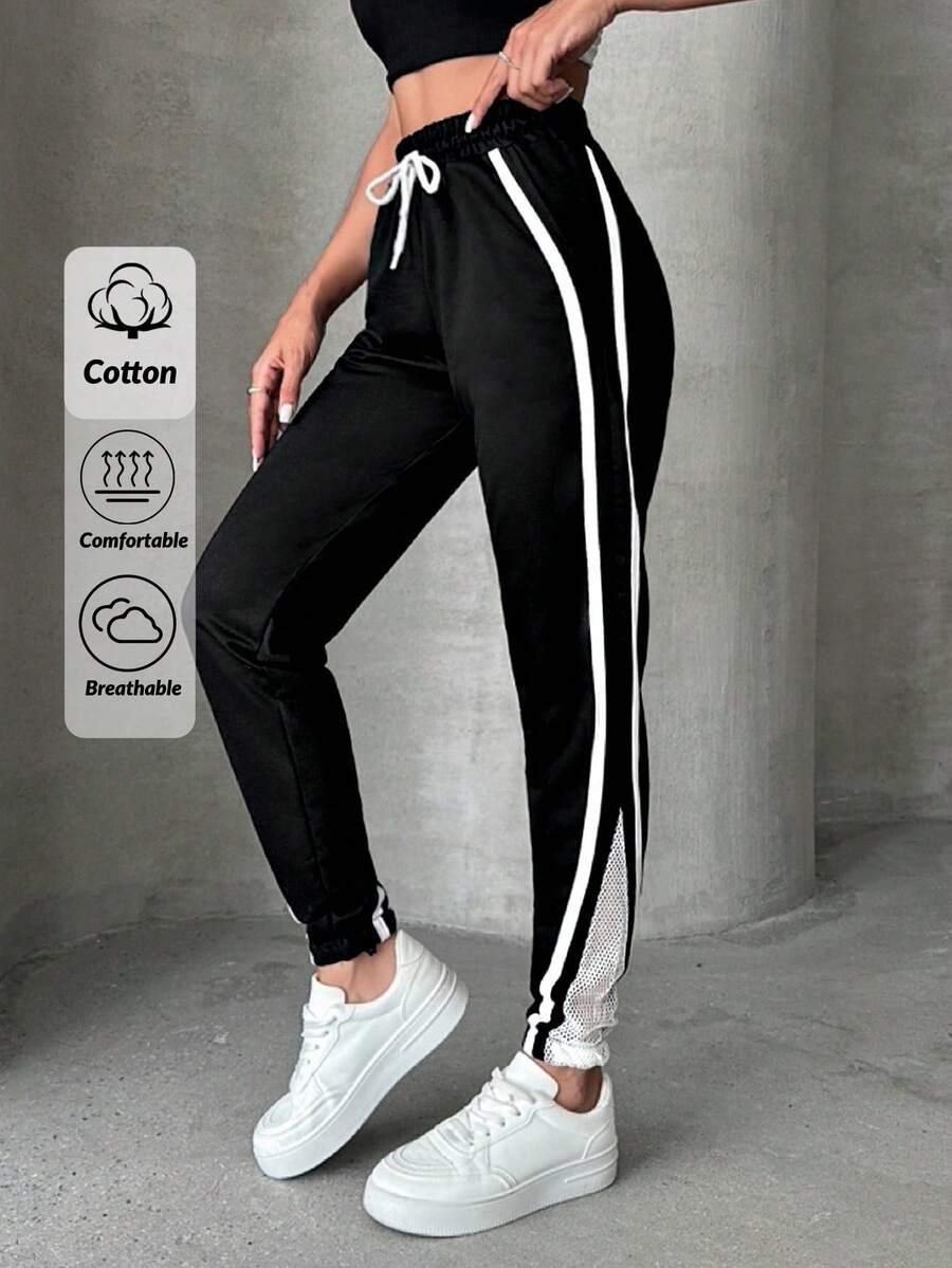 EURMUSE 95% Cotton Cottnline Drawstring Pocket Side Stripe Striped Sweatpants - Black - View 1