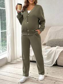 SHEIN 孕妇休闲针织开衫外套和抽绳裤套装 - 軍綠色 - 查看 5