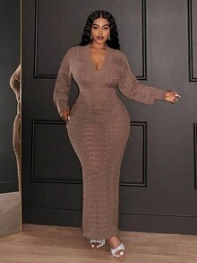 Slaydiva Nuevo vestido de punto maxi elegante de manga larga con cuello en V profundo, cinturón y ajuste ceñido en color marrón sólido para uso en ocasiones formales, fiestas nocturnas y uso casual, tallas grandes, vestido marrón para mujer, vestidos de mujer de otoño e invierno, vestido maxi ajustado de manga larga elegante, vestido maxi de malla elegante, conjunto elegante de 2 piezas, vestido Slay Diva - Marrón - Ver 6
