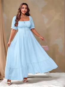 Flirla Vestido largo con escote cuadrado, lazo, volantes en el bajo, color rosa romántico y dulce, para usar en Pascua, talla grande