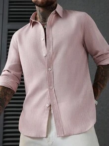 Manfinity Homme Men's Casual Formal Linen Long Sleeve Shirt Men Linen Shirt Men Summer Shirt Men Fashion Shirt Men Dress Shirt Pink Linen Shirt,Fall - Pink - View 1