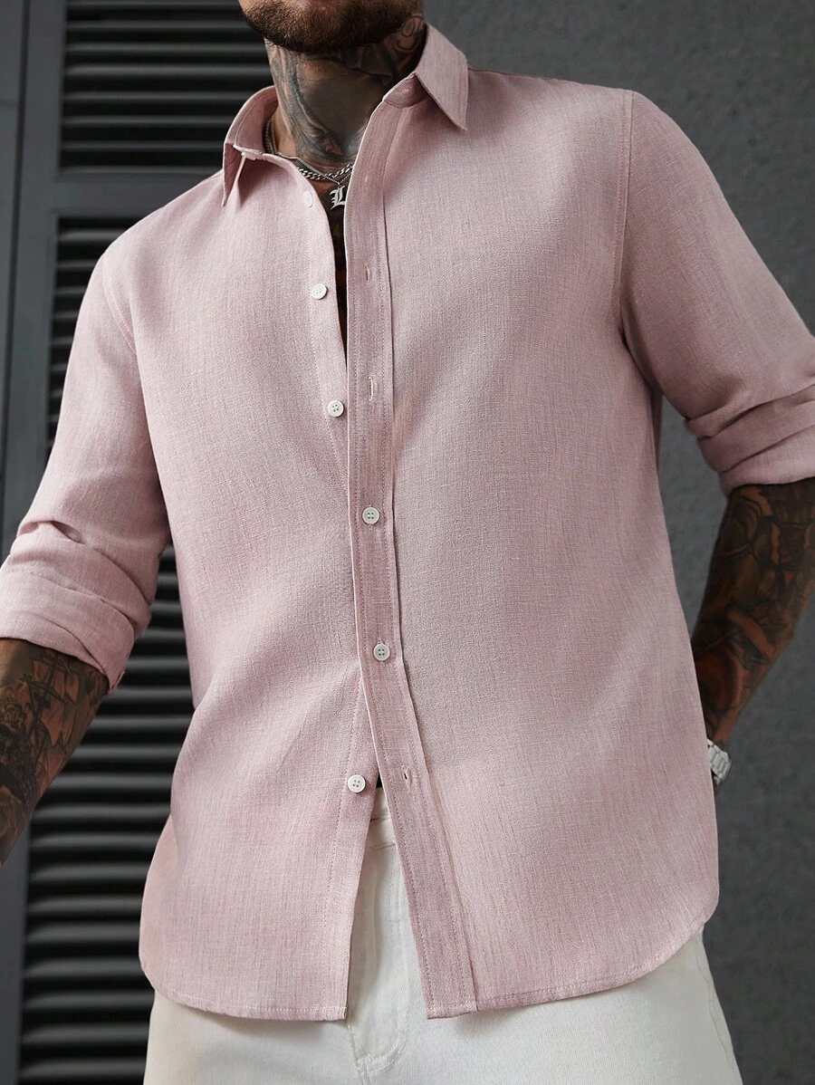 Manfinity Homme Men's Casual Formal Linen Long Sleeve Shirt Men Linen Shirt Men Summer Shirt Men Fashion Shirt Men Dress Shirt Pink Linen Shirt,Fall - Pink - View 1