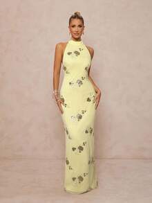 Lumalex 女式亮片刺绣立领腰部修身露背系带开衩连衣裙 - 黃色 - 查看 3