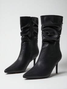SHUZIA Botas femininas sensuais de salto agulha com bico fino e cano médio em PU, pretas - Preto - Ver 1