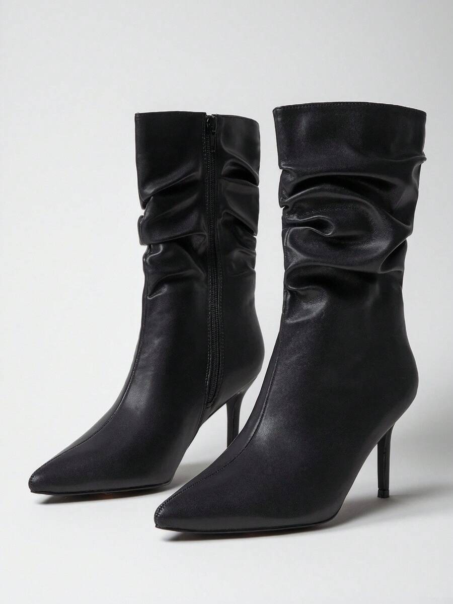 SHUZIA Botas femininas sensuais de salto agulha com bico fino e cano médio em PU, pretas - Preto - Ver 1