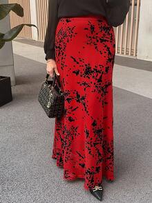 SHEIN LUNE 情人节女士优雅花卉印花长裙，秋季情人节 - 紅色 - 查看 4