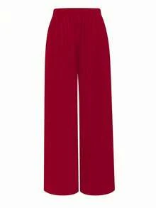 SHEIN Clasi Plus Size Women Elastic Waist Casual Straight Leg Wide Leg Pants Fall Cloth For Women - Red - View 2