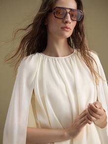 Ontre Women's Elegant Autumn Chiffon Top,Off-White Tea Party Ruched Drape Poncho Design,Western Bohemian Vintage Business Casual Versatile Wedding Guest - Yellow - View 6