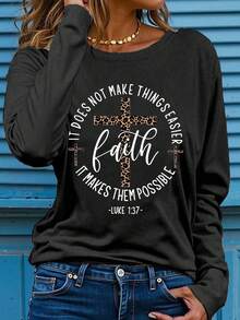 EMERY ROSE Long Sleeve Inspirational Faith Quote Polyester Tee For Women Plus - Casual Crew Neck Slight Stretch Knit Fabric Tee For Fall For Spring - Black - View 1