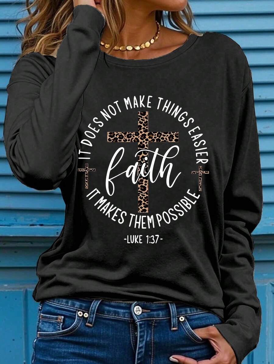 EMERY ROSE Long Sleeve Inspirational Faith Quote Polyester Tee For Women Plus - Casual Crew Neck Slight Stretch Knit Fabric Tee For Fall For Spring - Black - View 1