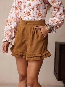 LanaWest 女式灯芯绒荷叶边口袋短裤 - 咖啡棕 - 查看 5