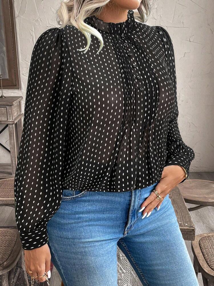 SHEIN Holidaya Plus Size Casual Puff Sleeve Allover Print Shirt, Suitable For Commuting, Autumn - Black - View 3