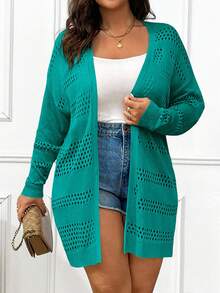 Elenzga Plus Size Casual Solid Color Hollow Out Knit Cardigan Fall Winter Cloth For Women Autumn
