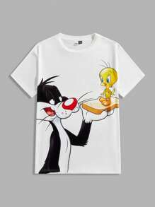 Looney Tunes X Manfinity Manfinity Joysei 男士休闲趣味卡通印花宽松落肩白色T恤，夏季 - 白色 - 查看 2