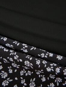 EMERY ROSE 2pcs Set: Casual Solid Color Bodysuit & Ditsy Floral Split Skirt, Autumn Fall Cloth For Women - Black - View 3