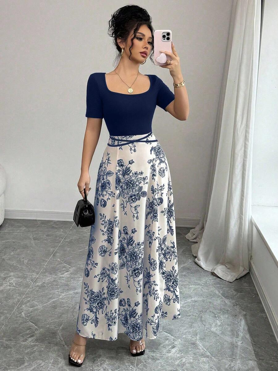 Selianne 女士优雅修身腰系带旗袍式印花短袖连衣裙 - 藏蓝色 - 查看 1