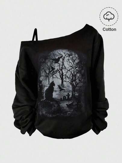 Plus Size Women Gothic Black Crow Print Plus Size Asymmetrical Neck Sweatshirt, Soft Cotton, Mysterious Summer, Halloween