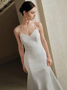 Anewsta 性感细肩带珍珠链露背美人鱼下摆连衣裙，海滩度假风格 - 白色 - 查看 6