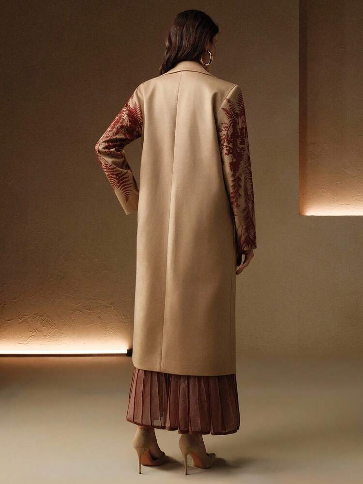 Abrigo midi de mujer con estampado floral elegante y contraste de color en las mangas largas y solapa, para otoño/invierno