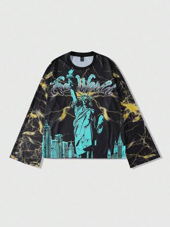 Street Life Maglietta girocollo a maniche lunghe con grafica della Statua della Libertà, per l'autunno, da uomo