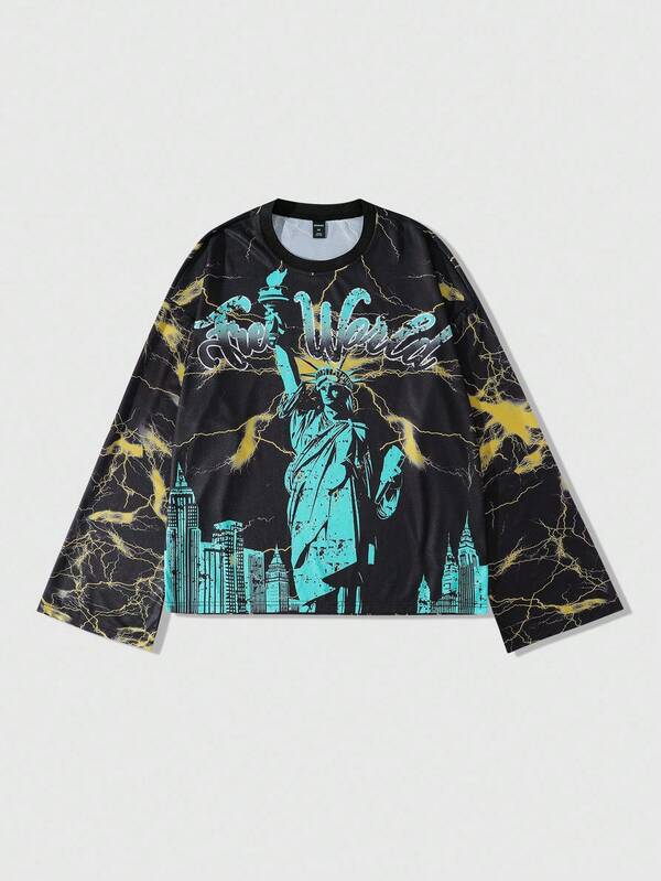 ROMWE MEN Street Life Camiseta de manga larga con cuello redondo y gráfico de la Estatua de la Libertad para hombres, para el otoño