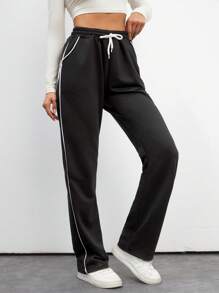 SHEIN Tall Cotton Contrast Piping Drawstring Waist Sweatpants - Black - View 6