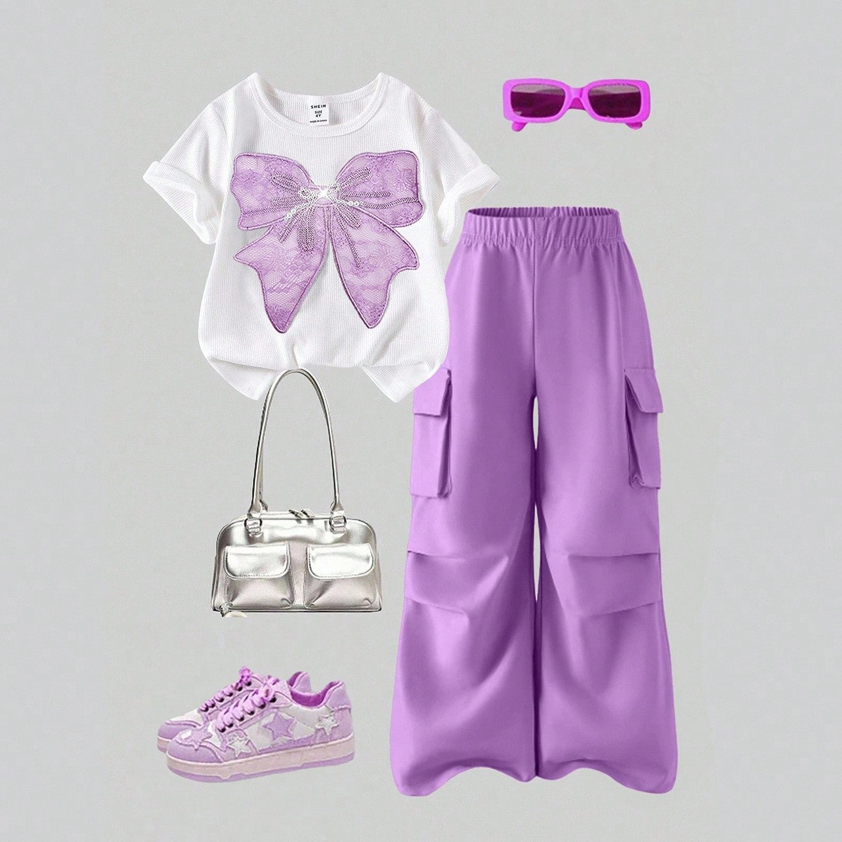 Set de 2 piezas de camiseta y pantalón cargo informal para niñas preadolescentes, camiseta de cuello redondo de manga corta con bordado de lazo y pa