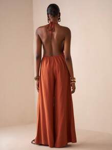 Zivah Mono de mujer con cuello halter, estilo suelto, de pernera ancha, estilo swing, en color rojo ladrillo marrón tejido, estilo celebridad de internet, elegante para vacaciones, citas diarias, playa, crucero, fiesta, 2025 nuevo estilo