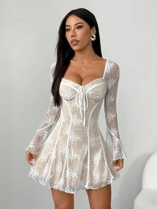 SHEIN PETITE Váy ren xếp ly kiểu bustier cho nữ, trang phục mùa hè cho nữ/trang phục mùa xuân/trang phục ngày lễ tình nhân/trang phục lễ hội/trang phục đi nghỉ biển, trang phục Nashville, váy tốt nghiệp màu trắng, váy ren trắng - trắng - Xem 6