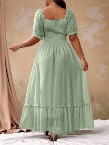 Flirla 加大码甜美浪漫粉色方领蝴蝶结荷叶边下摆长裙复活节装 - 薄荷綠 - 查看 2