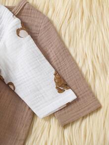 3pcs Newborn Baby Boy Long Sleeve Footed Romper & Blanket Set, Cute Bear Pattern, Woven Fabric Home Outfit Fall Winter - Multicolor - View 3