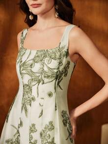 Anewsta Elegant Patchwork Cinched Waist Sleeveless Printed Dress For Women - Green - View 8